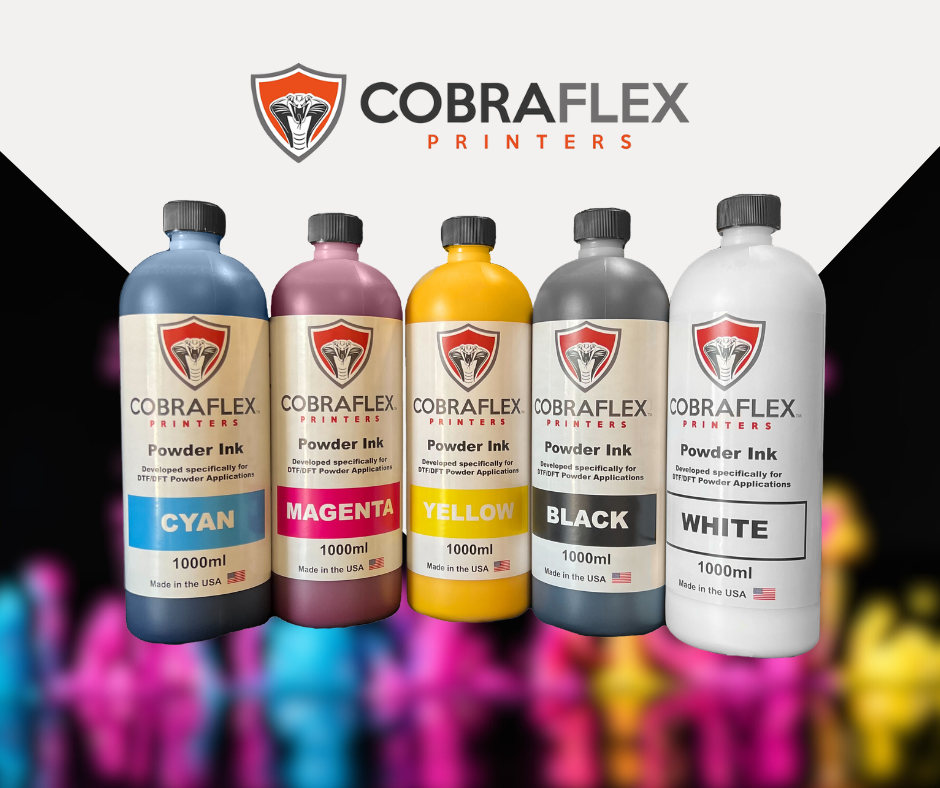 cobraflex inks in magenta, black, yellow,cyan,and white.